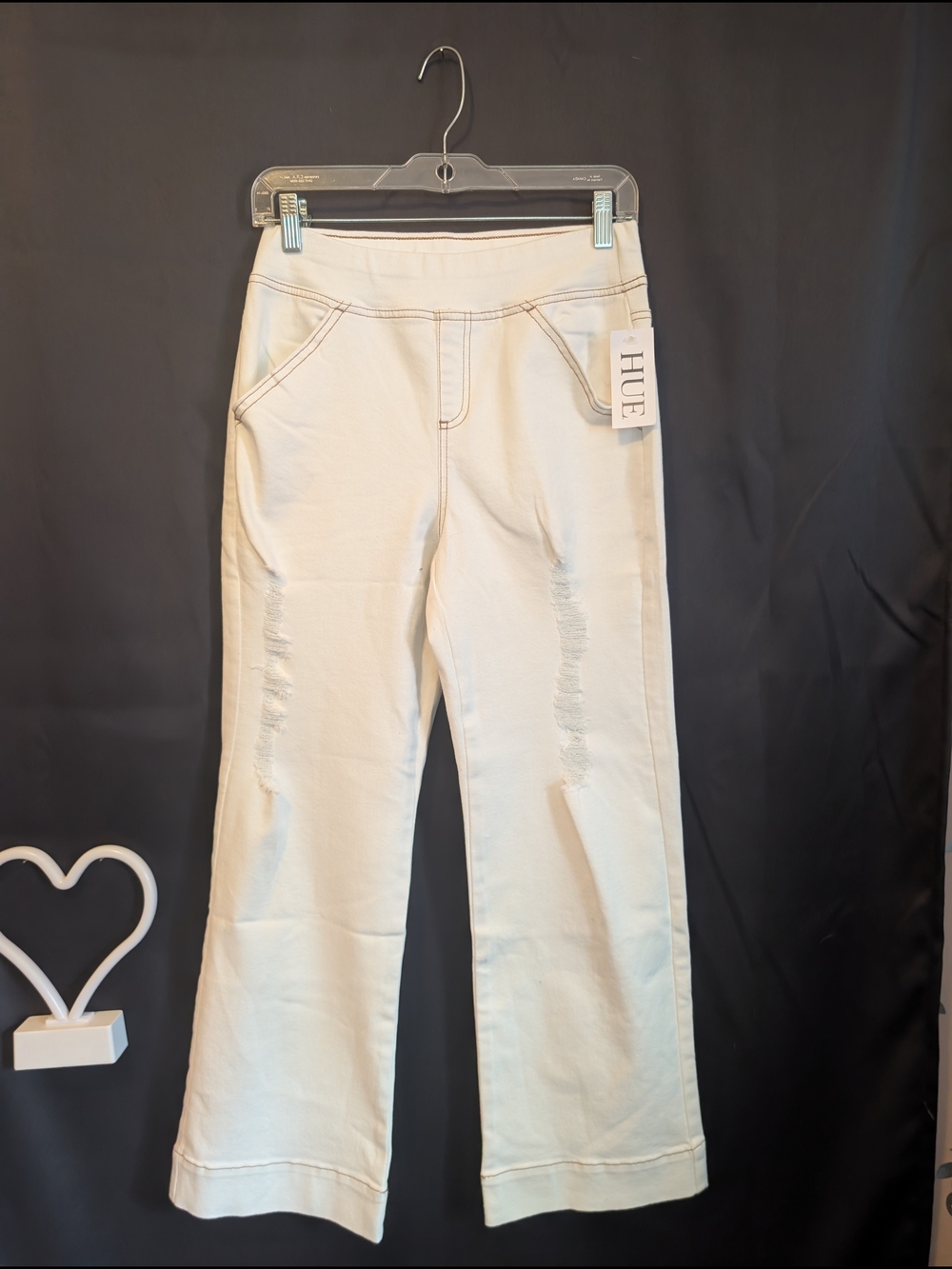 HUE Cream Distressed Wide Leg Pants White Flare Pull On NWT Cuffed